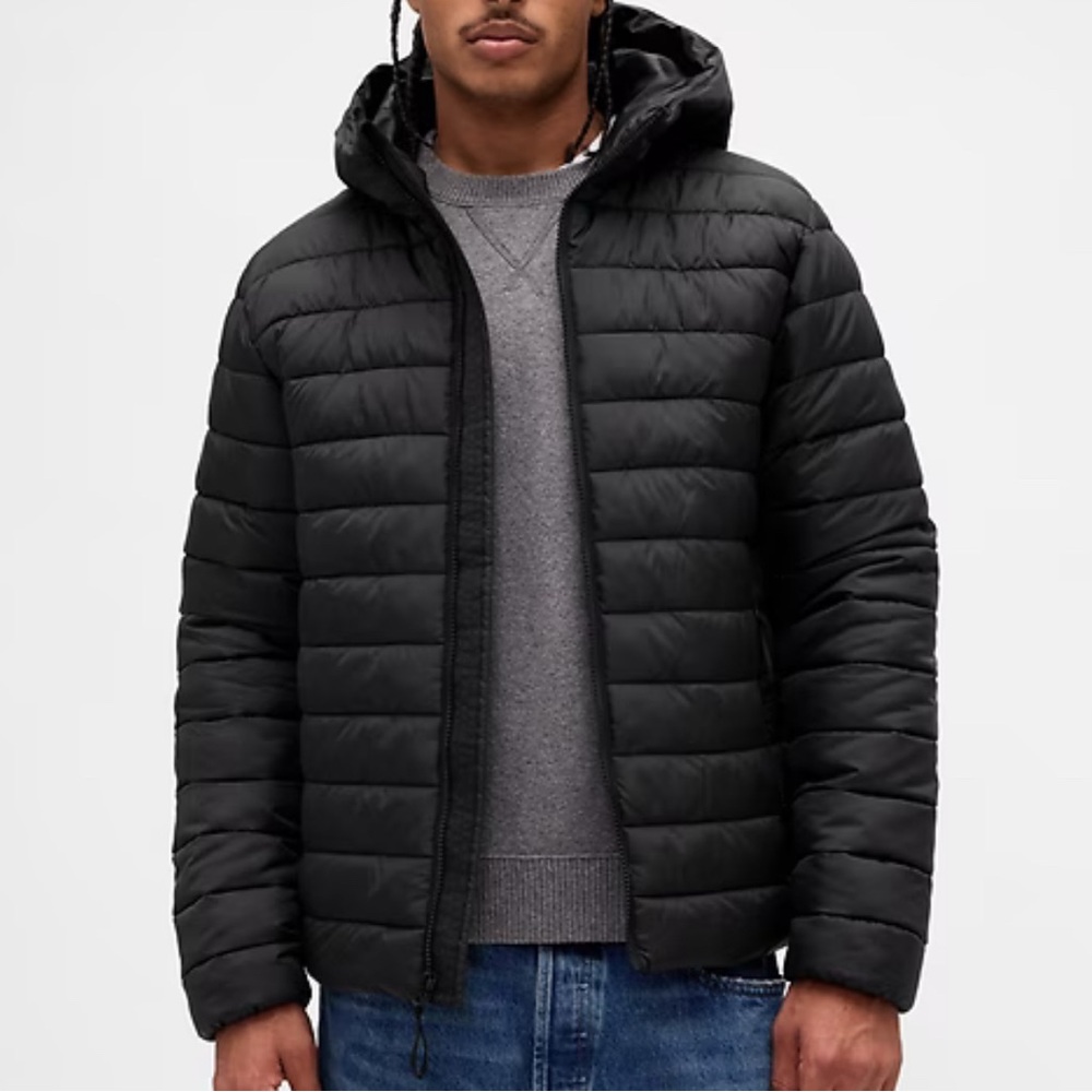 GAP Men's Black Puffer Jacket attached hood/hoodie Size Medium/M Primaloft